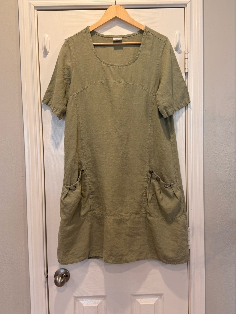 Click By Color Me Linen Dress Women’s Med Green Pockets Relaxed Lagenlook Beach